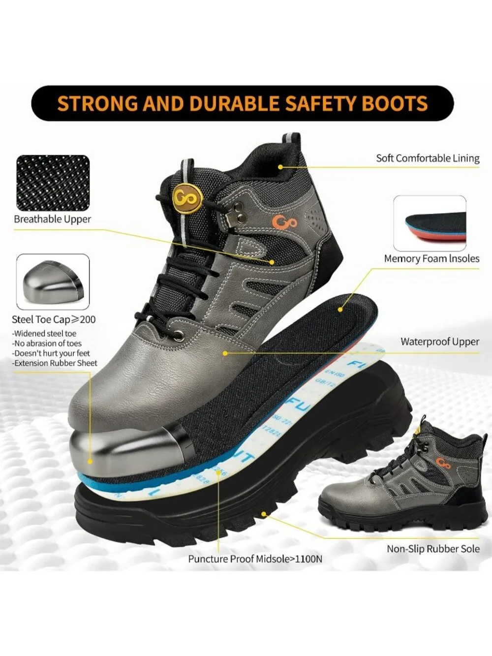Men's Grey Waterproof Shoes Solid High Top Steel Toe Outdoor Hiking Boots